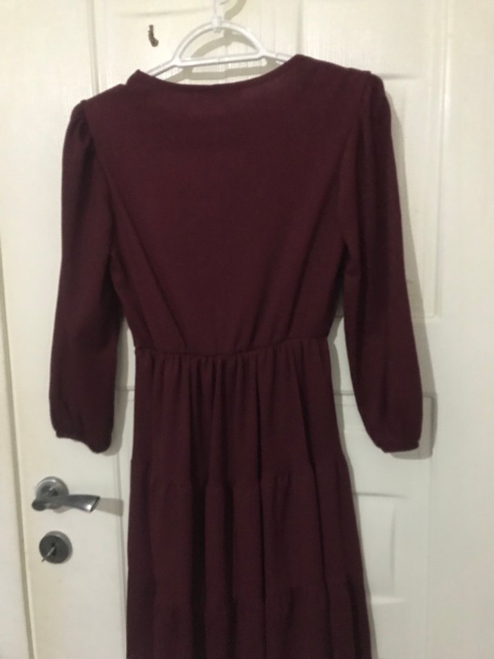 Bordo Midi V Yaka Salaş Kadın Elbise - Görsel 5