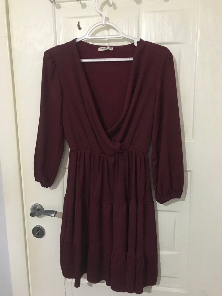 Bordo Midi V Yaka Salaş Kadın Elbise - Görsel 2