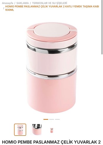 Homio Pembe 2 Katlı Paslanmaz Çelik Yemek Taşıma Kabı 930ml