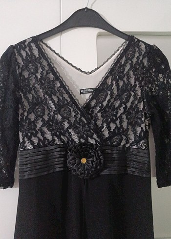 Dantel Detaylı Siyah Uzun V Yaka Abiye Elbise - Görsel 2