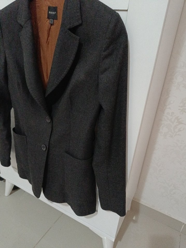 Antrasit Düğmeli Kadın Yün Blazer - Görsel 4