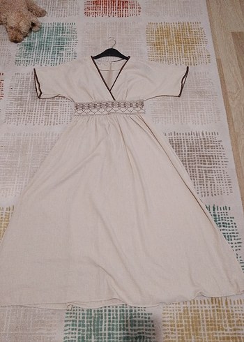 Bej Nakışlı V Yaka Uzun Keten Elbise - Görsel 2