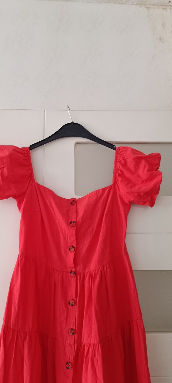 Düğmeli nar çiçeği rengi Uzun Bohem Elbise - Görsel 2