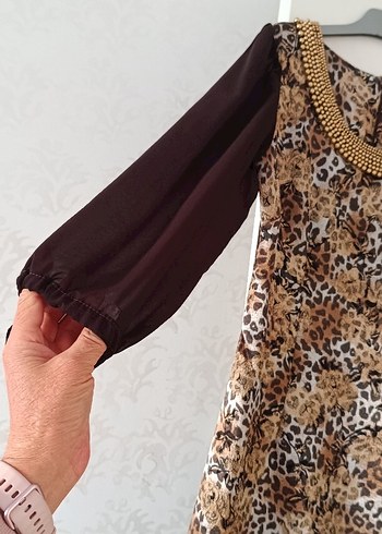 Bohem Uzun Kollu Kahverengi Desenli Elbise - Görsel 4