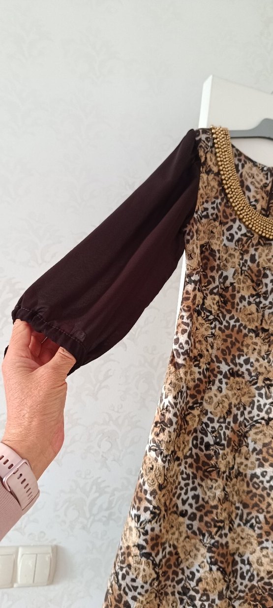 Bohem Uzun Kollu Kahverengi Desenli Elbise - Görsel 4