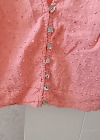 Düğmeli V Yaka Kısa crop Keten Bluz - Görsel 3