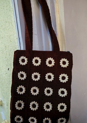 Siyah Örgü Papatya Desenli Kadın Çanta - Görsel 2