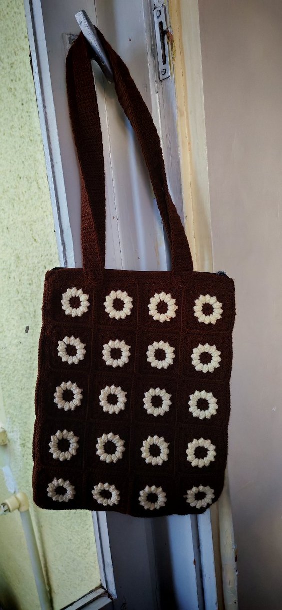 Siyah Örgü Papatya Desenli Kadın Çanta - Görsel 2