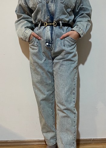 Gri Denim Kemerli Tulum
