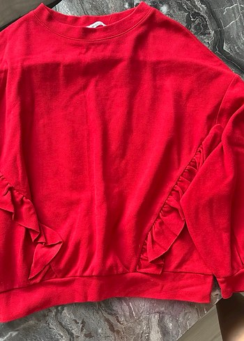 Kırmızı Fırfırlı Keten Kadın Sweatshirt - Görsel 2