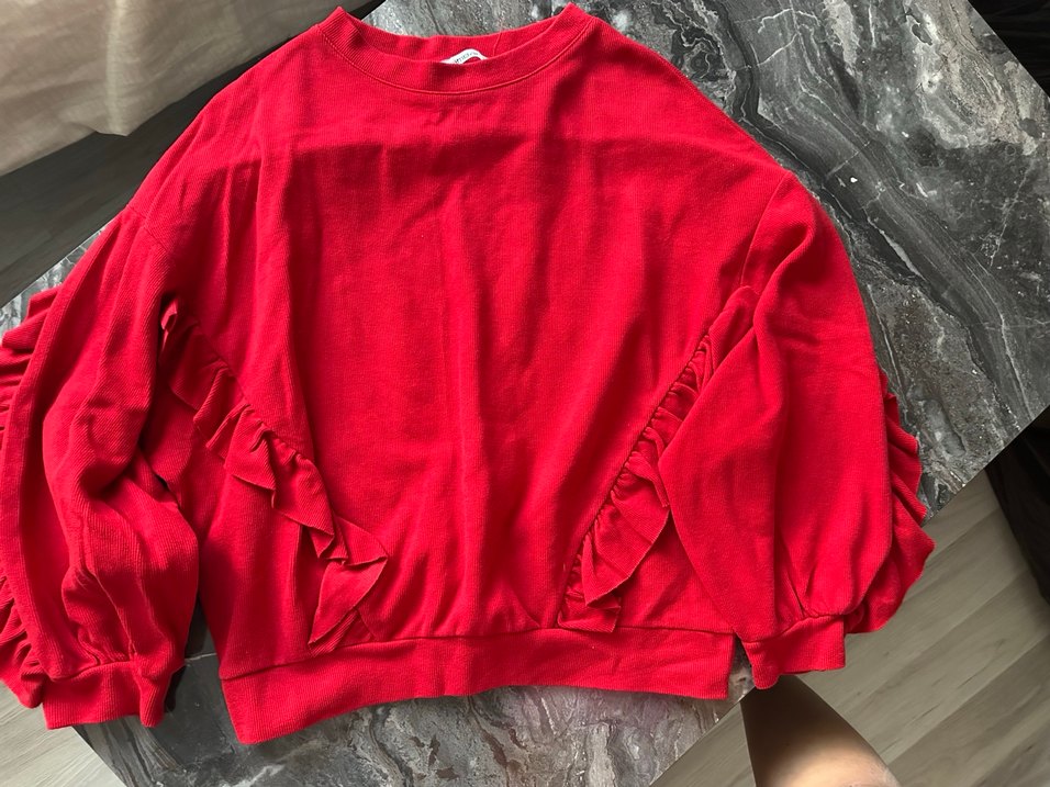 Kırmızı Fırfırlı Keten Kadın Sweatshirt - Görsel 2