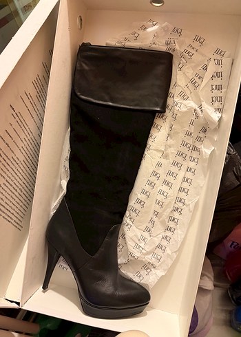 Deri Siyah Dizüstü Platform Topuklu Çizme - Görsel 2