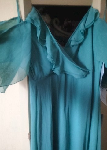 Turkuaz Uzun Drapeli Kadın Abiye - Görsel 2