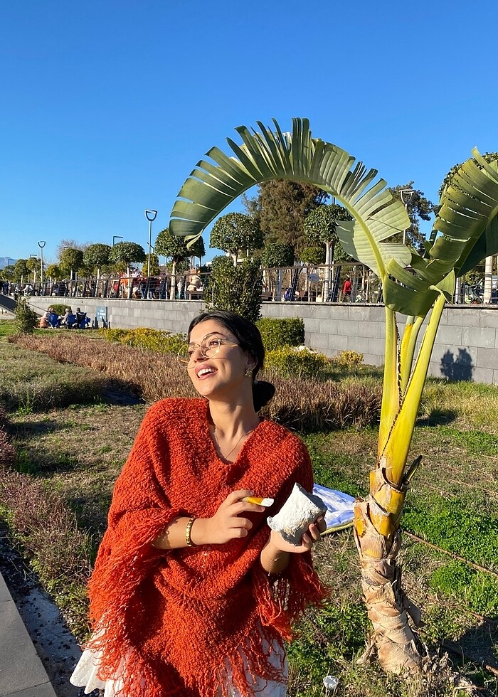 Kiremit renk örgü panço - Görsel 2