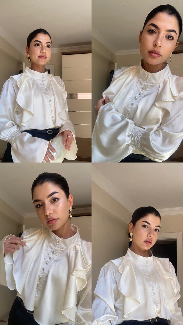 İnci Düğmeli Beyaz Saten Vintage Gömlek - Görsel 3