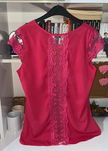 Dantel Detaylı Kısa Kollu Pembe Bluz - Görsel 2