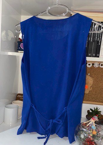 Boncuk İşlemeli Bohem Mavi Kolsuz Bluz - Görsel 2