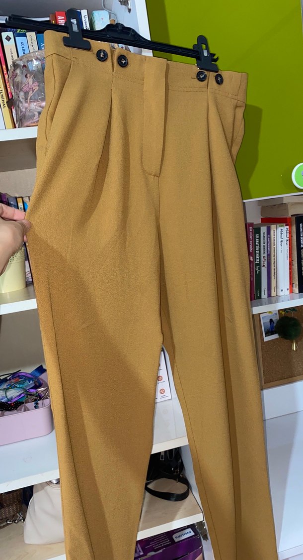 Bej Düğmeli Kadın Midi Kumaş Pantolon - Görsel 2