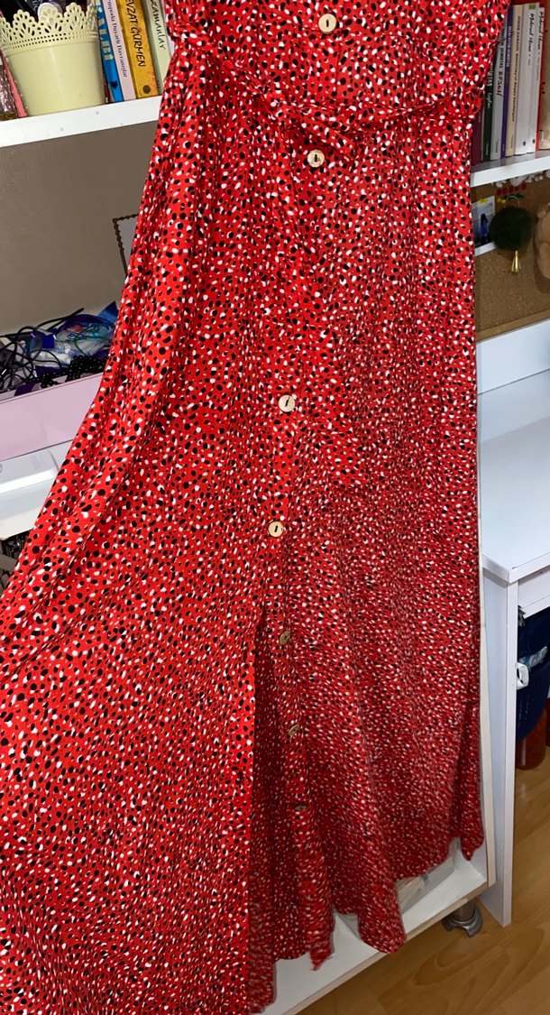 Bohem Kırmızı Uzun Desenli Kadın Elbise - Görsel 4