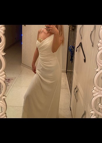 Beyaz Drapeli Uzun Abiye Elbise - Görsel 4