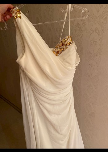 Beyaz Drapeli Uzun Abiye Elbise - Görsel 2