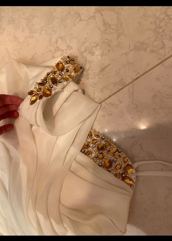 Beyaz Drapeli Uzun Abiye Elbise - Görsel 3