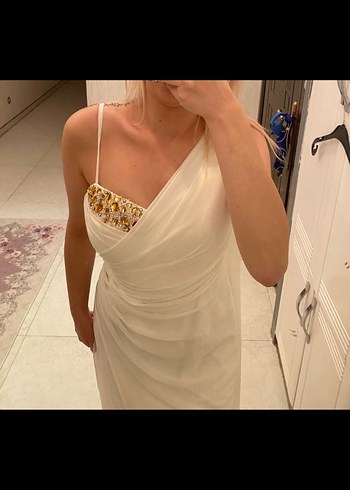 Beyaz Drapeli Uzun Abiye Elbise - Görsel 5