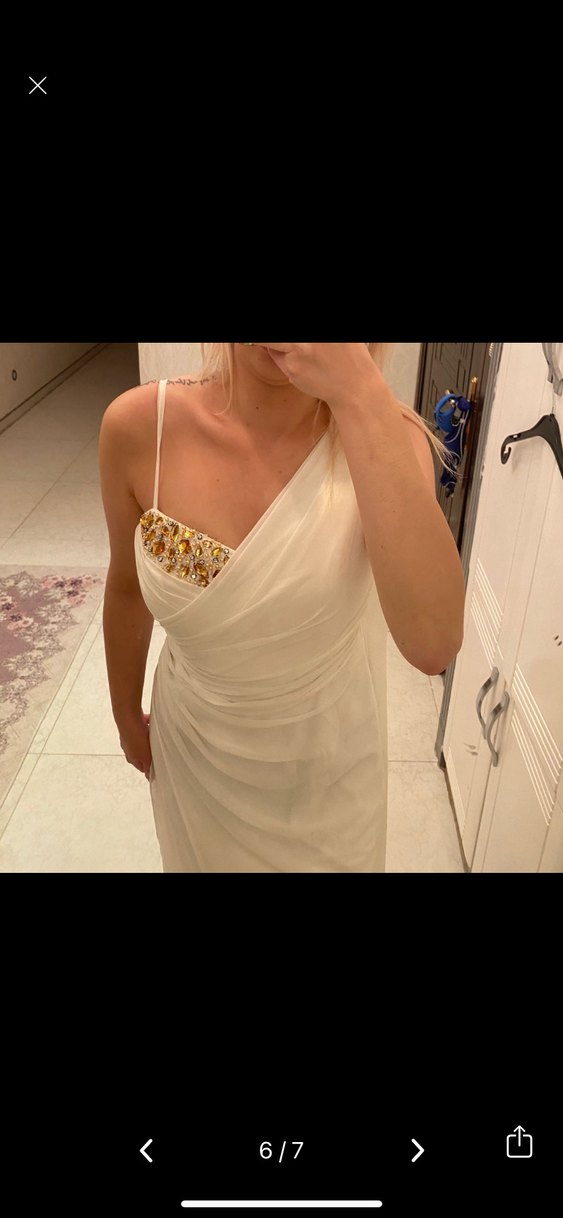 Beyaz Drapeli Uzun Abiye Elbise - Görsel 5