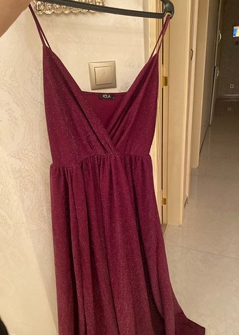 Bordo V Yaka Drapeli Midi Abiye Elbise - Görsel 2