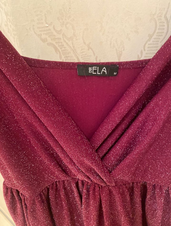 Bordo V Yaka Drapeli Midi Abiye Elbise - Görsel 3