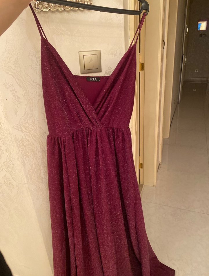 Bordo V Yaka Drapeli Midi Abiye Elbise - Görsel 2