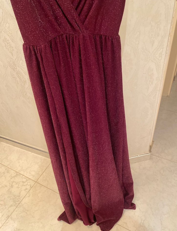 Bordo V Yaka Drapeli Midi Abiye Elbise - Görsel 5