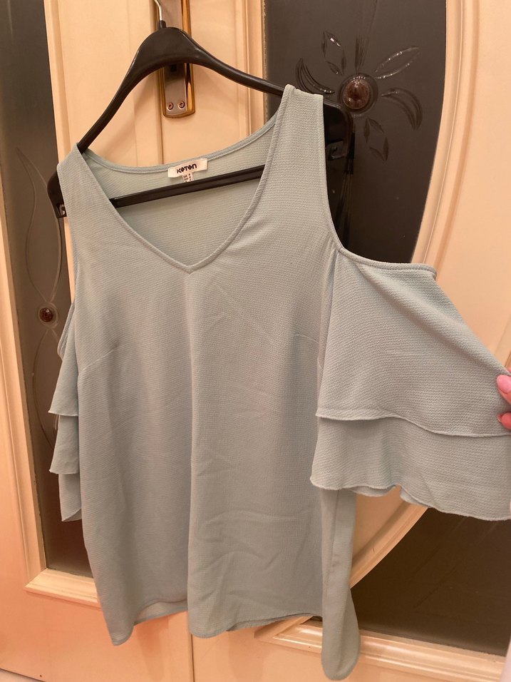 Koton Turkuaz Salaş Omzu Açık Kadın Bluz - Görsel 4