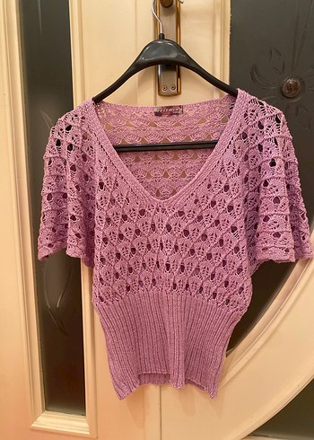 Mor V Yaka Örgü Kısa Kollu Kadın Kazak - Görsel 2