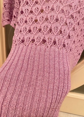 Mor V Yaka Örgü Kısa Kollu Kadın Kazak - Görsel 5