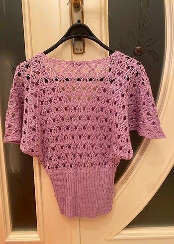 Mor V Yaka Örgü Kısa Kollu Kadın Kazak - Görsel 4