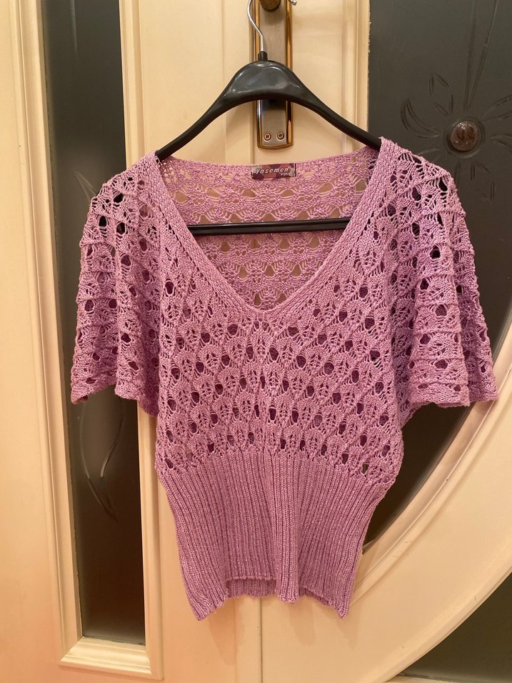 Mor V Yaka Örgü Kısa Kollu Kadın Kazak - Görsel 2