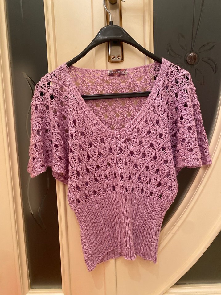 Mor V Yaka Örgü Kısa Kollu Kadın Kazak - Görsel 3