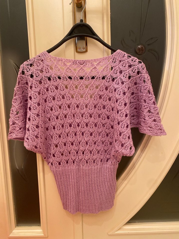 Mor V Yaka Örgü Kısa Kollu Kadın Kazak - Görsel 4