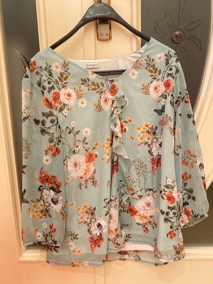 Bohem V Yaka turkuaz Çiçekli Uzun Kollu Bluz - Görsel 2