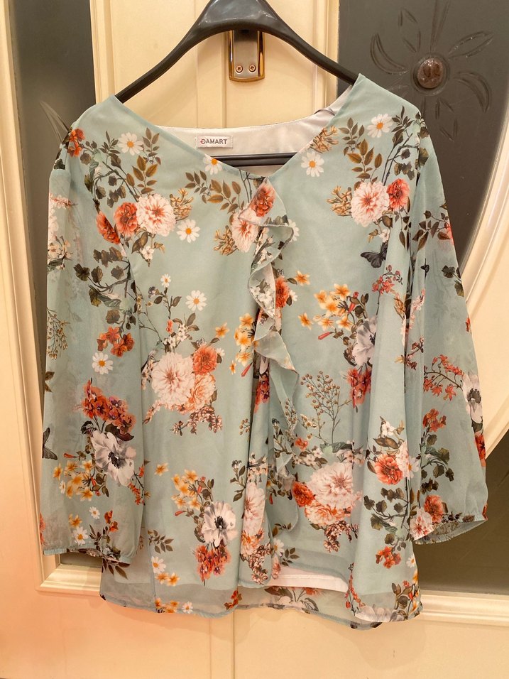 Bohem V Yaka turkuaz Çiçekli Uzun Kollu Bluz - Görsel 3