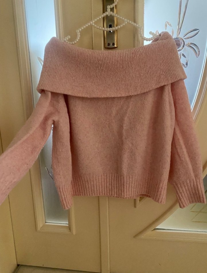 H&M Pembe Triko Kayık Yaka Rahat Kazak - Görsel 3