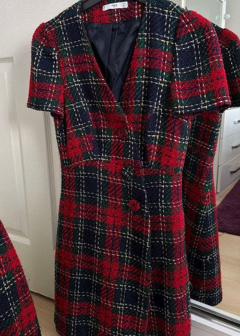 Düğmeli Ekose Kadın Blazer Ceket ve takımı olan mini elbisesi - Görsel 3