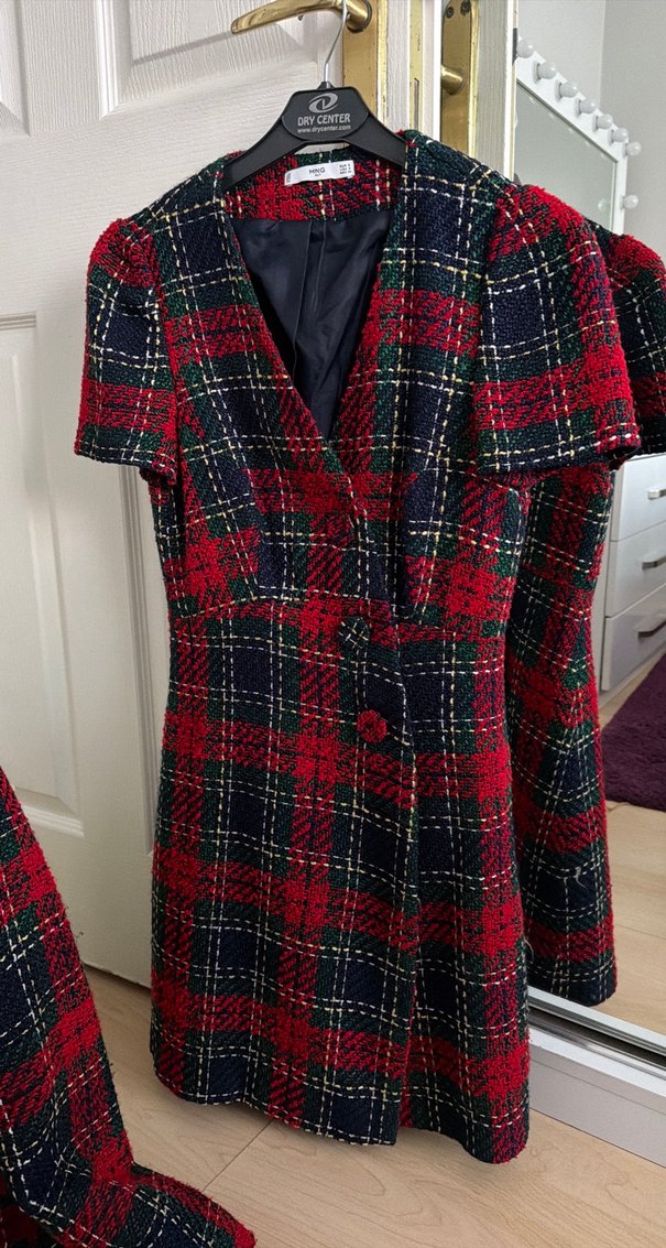 Düğmeli Ekose Kadın Blazer Ceket ve takımı olan mini elbisesi - Görsel 3