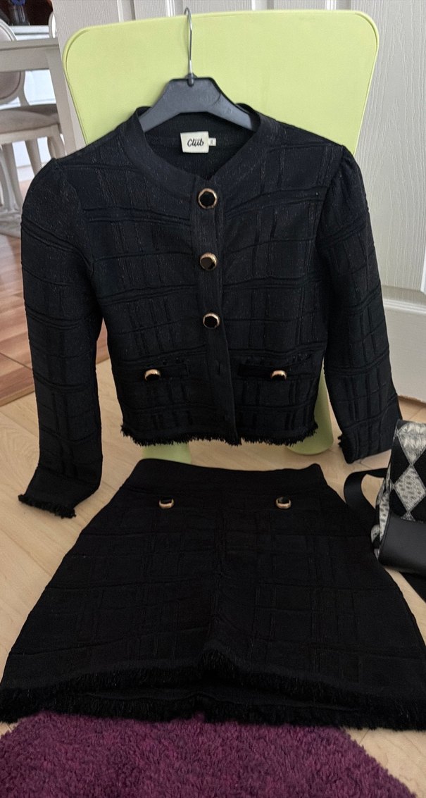 Beymen Club Desenli Siyah Örgü Kadın Ceket ve Mini Etek - Görsel 4