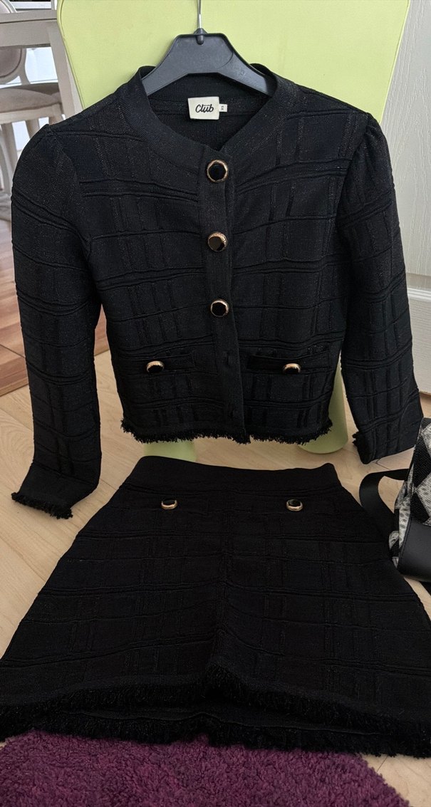 Beymen Club Desenli Siyah Örgü Kadın Ceket ve Mini Etek - Görsel 3