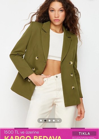 Düğmeli, Notlu Yaka Haki Kadın Blazer - Görsel 4