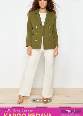 Düğmeli, Notlu Yaka Haki Kadın Blazer - Görsel 2