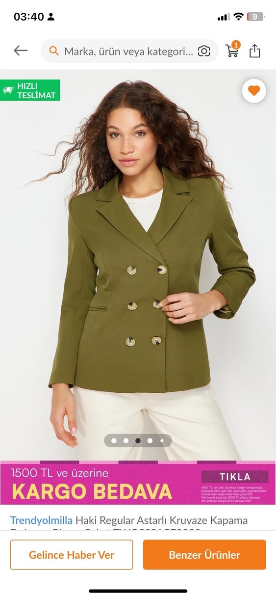 Düğmeli, Notlu Yaka Haki Kadın Blazer - Görsel 3