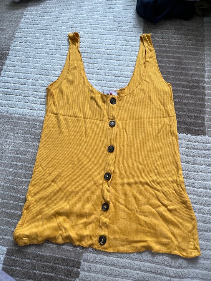 Düğmeli Sarı Keten Askılı Bluz - Görsel 2